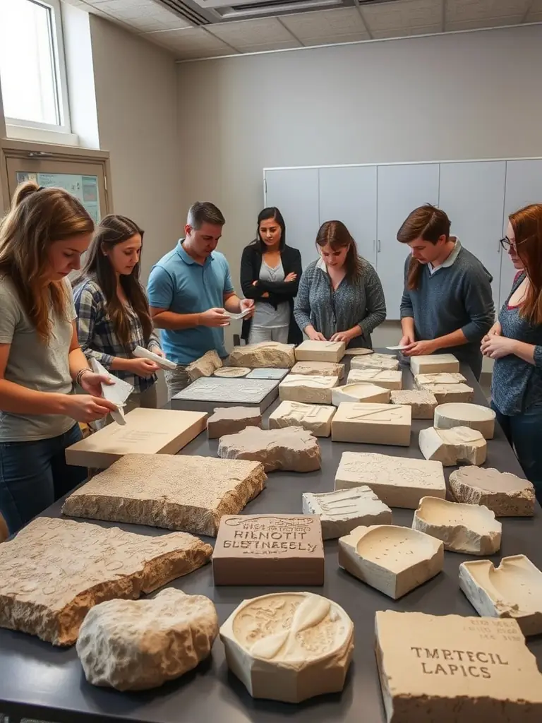 A group of students and researchers examining a collection of ancient graffiti rubbings and casts, highlighting the educational aspect of HISTOIRE ET CULTURE's programs.