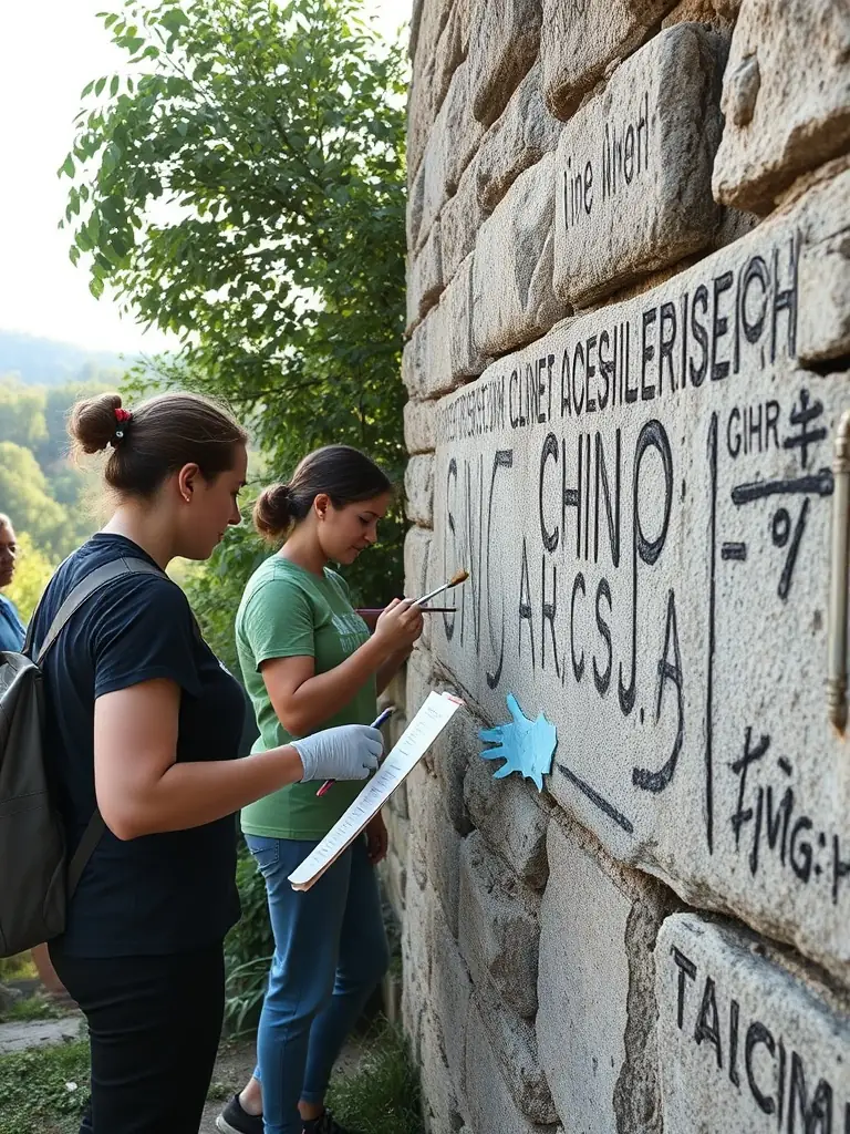 A photograph of volunteers carefully cleaning and documenting ancient graffiti on a stone wall in Marsilly, showcasing the organization's hands-on preservation efforts.