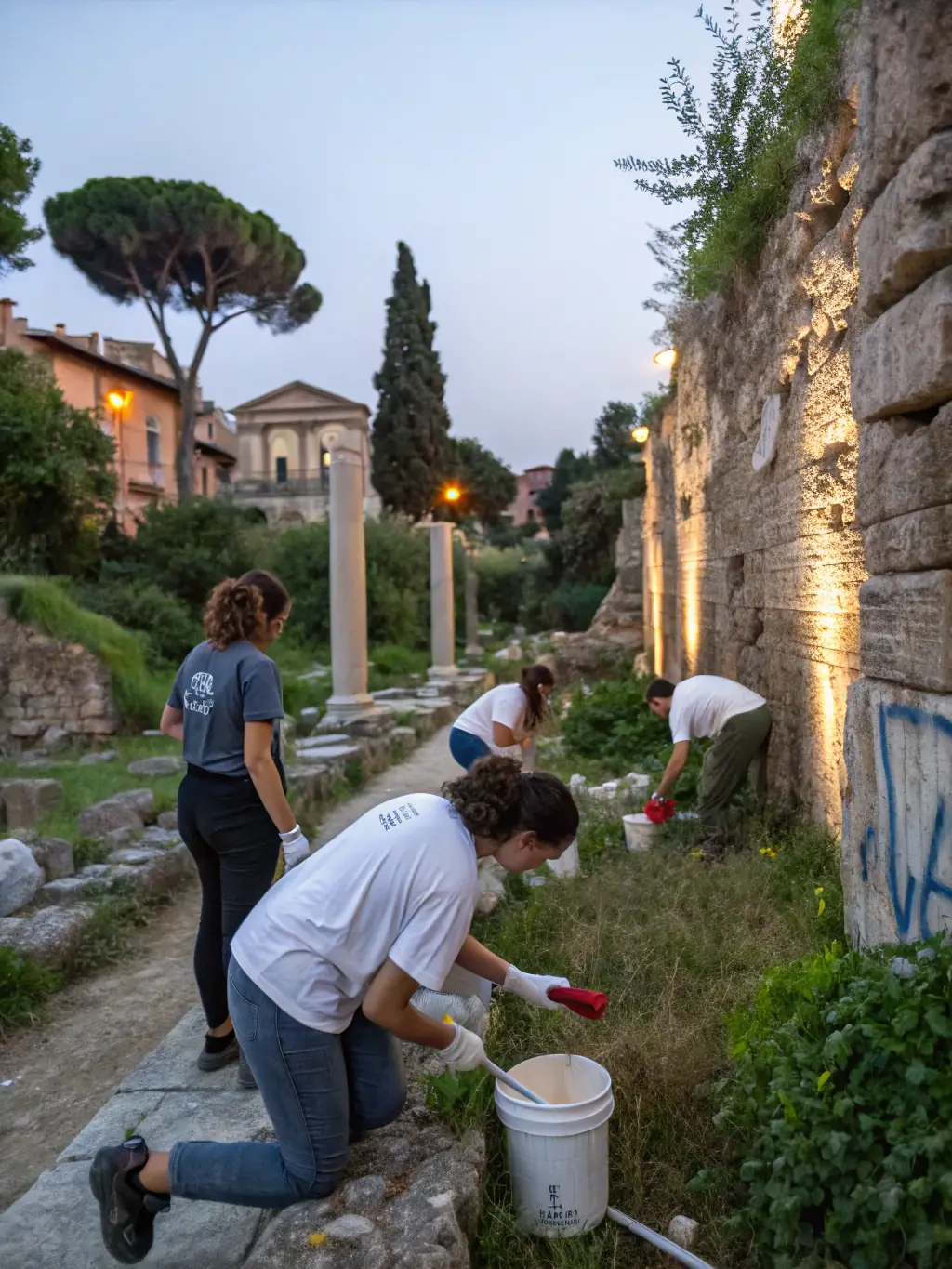 A photograph of volunteers carefully cleaning and documenting ancient graffiti on a stone wall in Marsilly, showcasing the meticulous work involved in heritage preservation.