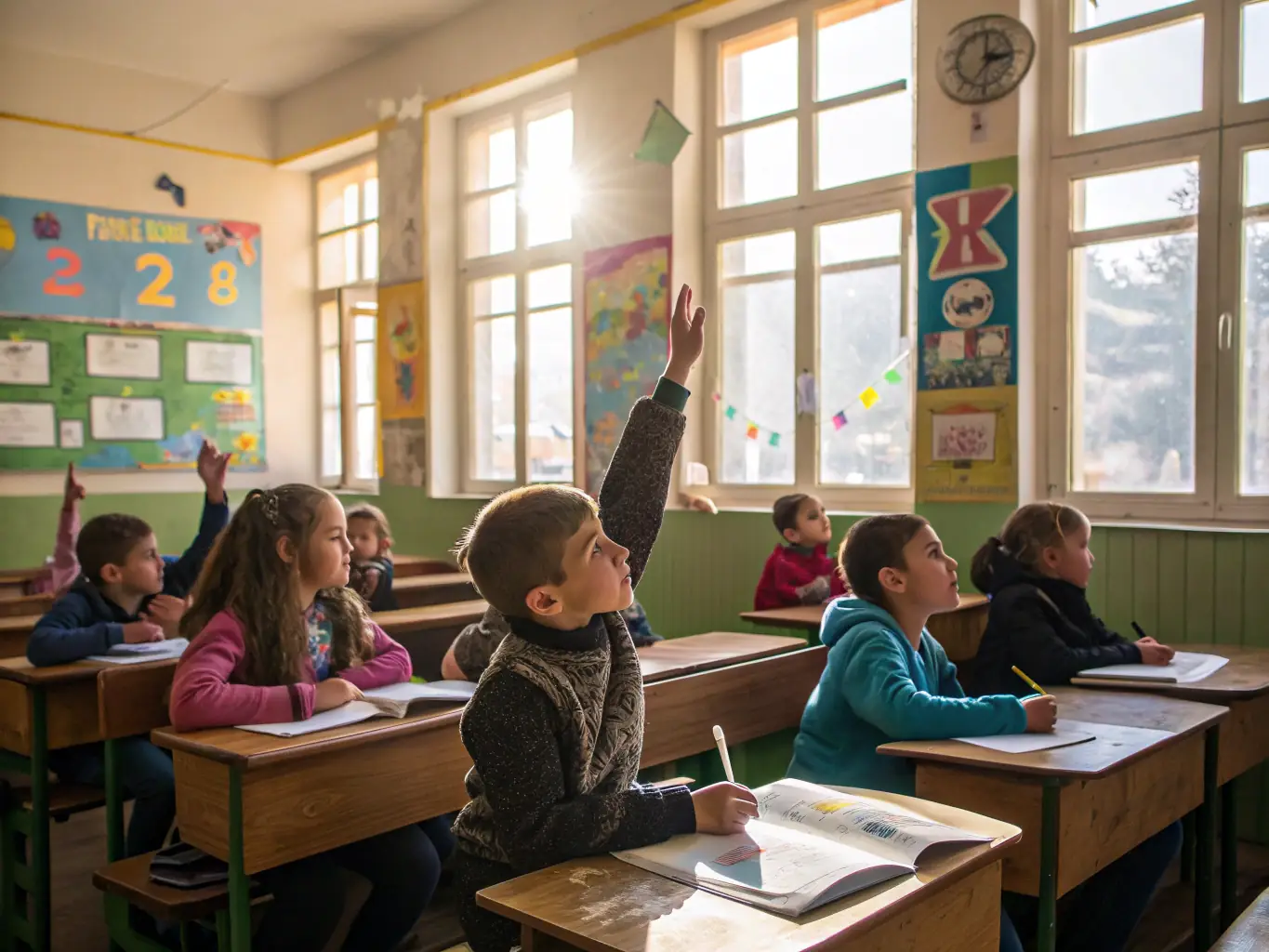 A classroom setting where children are engaged in a hands-on activity related to local history, demonstrating HISTOIRE ET CULTURE's commitment to cultural education.