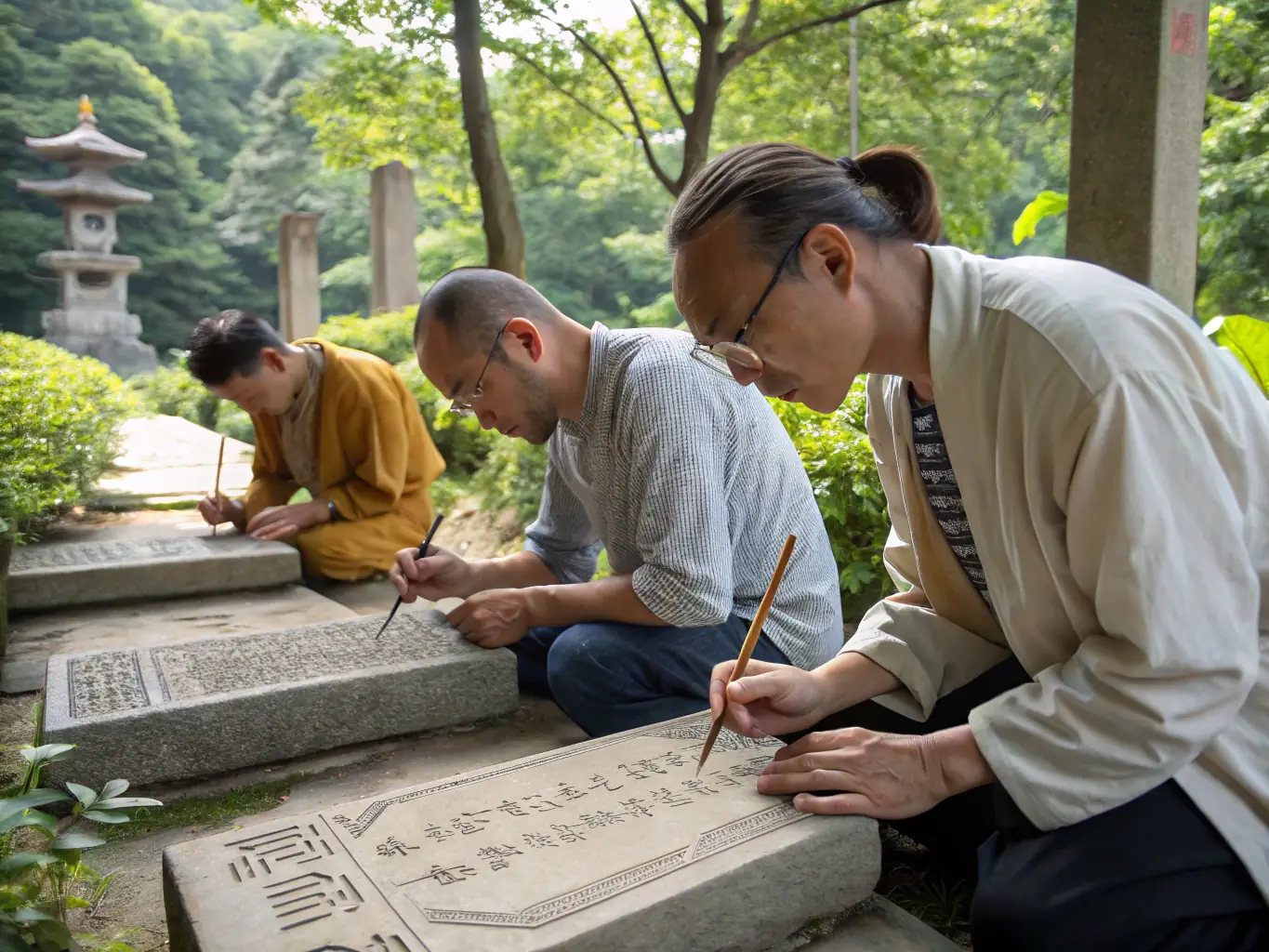 A group of researchers meticulously documenting ancient graffiti on a stone wall in Marsilly, showcasing the organization's commitment to preserving local historical heritage.
