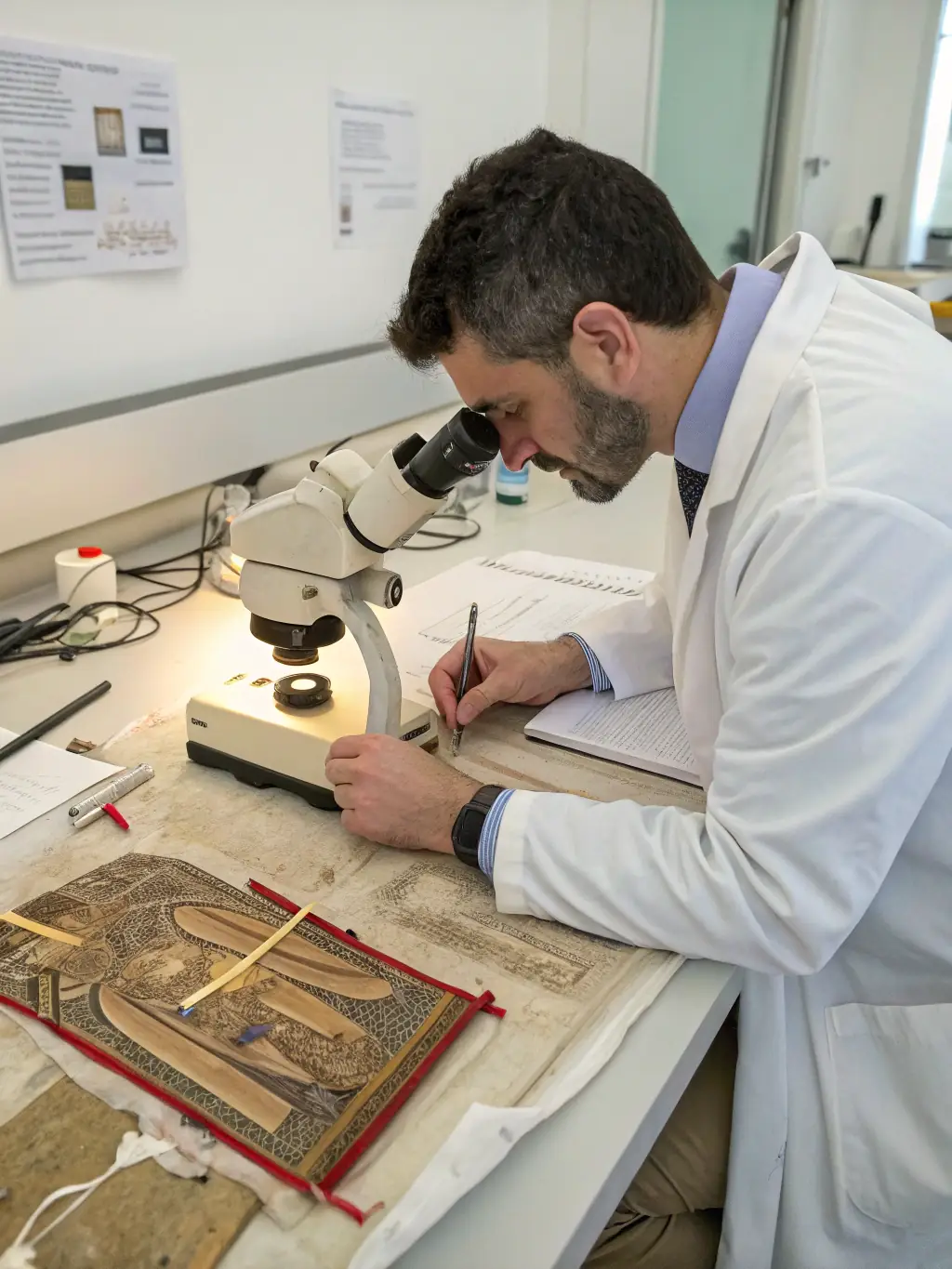 A researcher meticulously examining and documenting ancient inscriptions, emphasizing the organization's commitment to historical research.