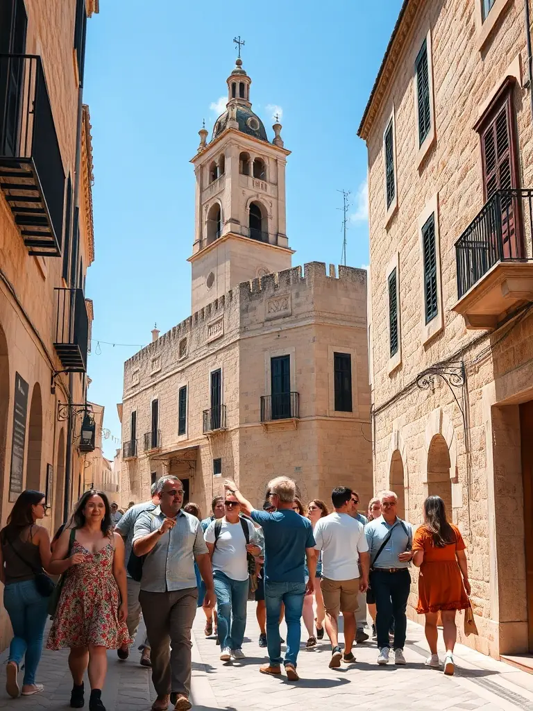 A photograph of a community event organized by HISTOIRE ET CULTURE, featuring local residents and tourists participating in a guided tour of historical sites.