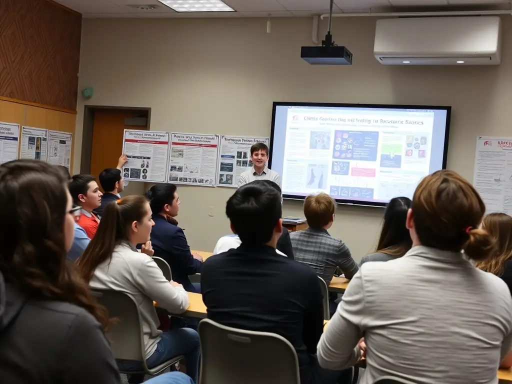A photograph of a HISTOIRE ET CULTURE researcher giving a presentation on glyptography to a group of students in a classroom setting.